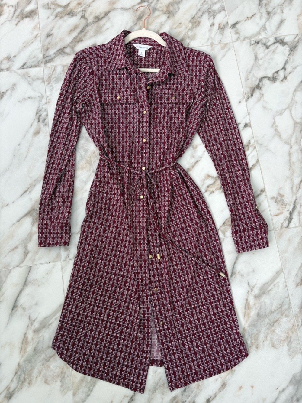 Liz Claiborne Burgundy Geometric Print Shirt Dress Tie Waist Size S Retro 70s